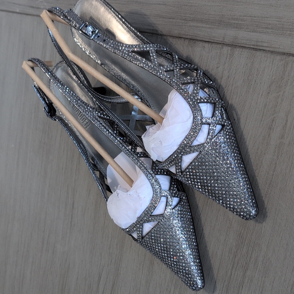 Steve Madden Shimmering Silver Slingback Kitten Heelss.